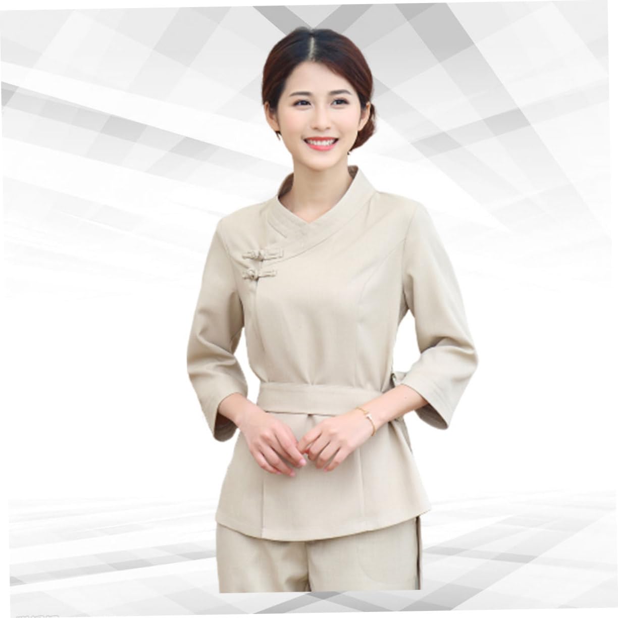 UKCOCO Mono Técnico Belleza y Uniforme Salón SPA Beige, Algodón Duradero, Diseño Ajustable, para Esteticista Mujer En SPA y Salón, Talla XXXL, Set 2 Piezas, Ropa De Trabajo Funcional