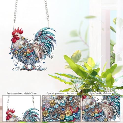 Image of AiYuanzsh Animal Rooster DIY Diamond Art Ornament Kits 5D Diamond Painting Hanging Kit for Adults, Creative Acrylic Pendant, Special Shaped Crystal Rhinestones Wall Ornaments, Home Decoration Craft