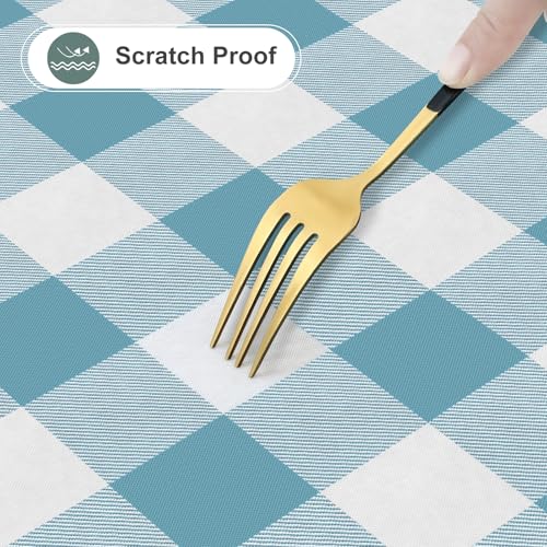 Image of misaya Square Waterproof Vinyl Table Cloth, Buffalo Flannel Backed Tablecloth, Wipeable Plastic Table Cover for Dinner, Kitchen, Outdoor (54 inch x 54 inch, Aquamarine and White)
