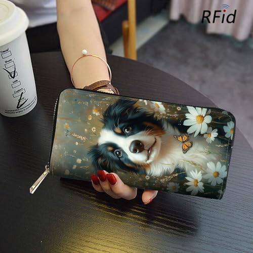 Image of RFID Blocking Leather Wallet for Women - Large Capacity Zip Around Clutch with 8 Card Slots,5 Cash Pockets & Coin Zipper,Cute Dog