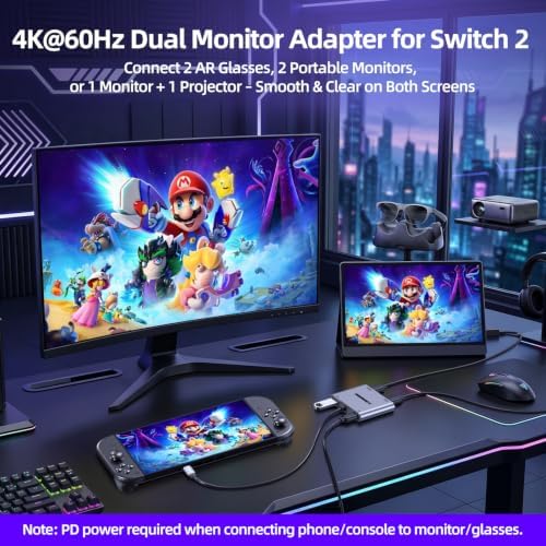 4-in-1 Dual USB-C Display Hub for Switch 2, Switch Docking Station Portable with 4K@60Hz/100W PD/USB3.0 5Gbps for AR/XR Glasses/Switch 1 2/Steam Deck/Laptop/Portable Monitor& Type-C Display