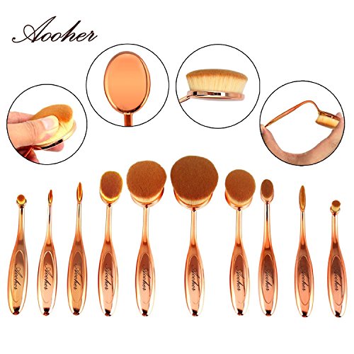 Aooher Oval Makeup Brushes Set, 10pcs Multipurpose Professional Toothbrush Foundation Eyeshadow Concealer Blush Comestic Brushes (Gold)