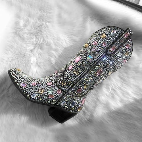 Image of Richealnana Sparkly Rhinestones Cowboy Cowgirl Style Boots Calf High Boots for Women 2INCH Heeled Shining Pull On Tabs