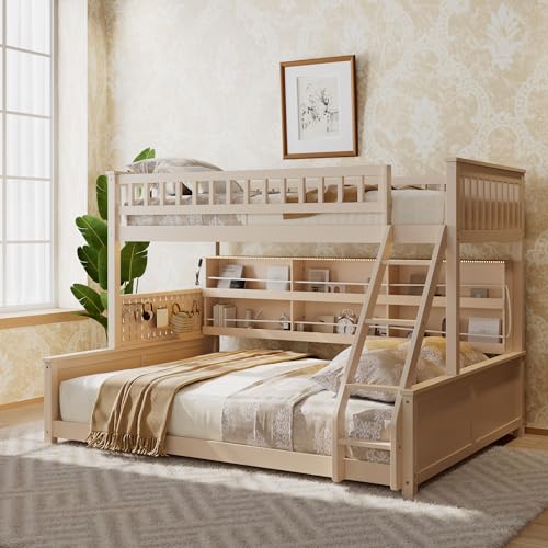 Merax Twin XL Over Queen Wood Bunk Bed Frame with Integrated Side Storage Shelves and Anti Falling Rope Color-Changing Lights Pegboard Safe Guardrail and Ladder for Teens Adults Guests (Beige)