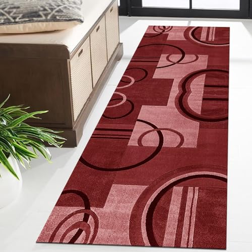 Tapis de couloir 60x350cm lavable antidérapant rouge abstrait - 3