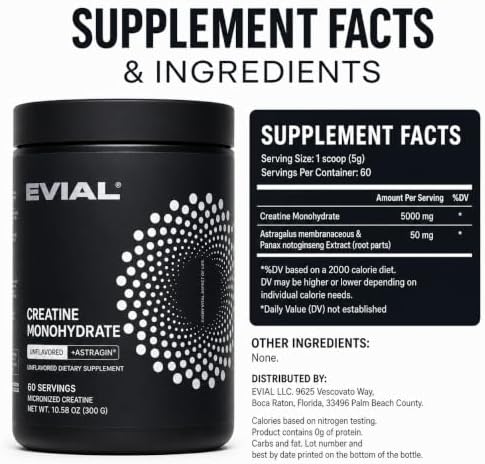 evial Creatine Monohydrate Powder 300g – Micronized & Unflavored – 5g Scoop – Third-Party Tested – cGMP, Sugar-Free, Gluten-Free – for Women & Men, Pre/Intra/Post Workout - 1