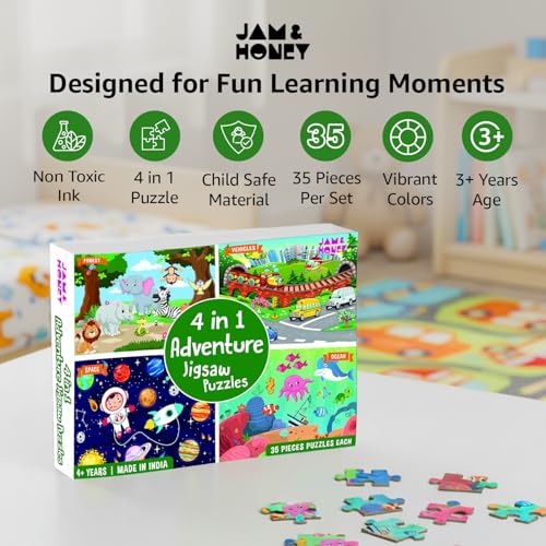 Image of Amazon Brand - Jam & Honey 4 in 1 Adventure - Puzzles for Kids | 35-Piece Puzzles | Educational Toy for Cognitive Development | Vibrant Colors
