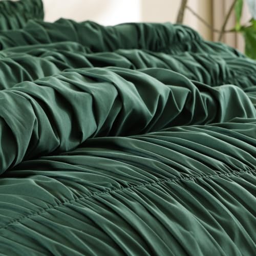 Image of weigelia Ruched Comforter Set Full Size, 3 Piece Emerald Green Ruffle Bedding Comforter Set with 2 Pillowcases, Soft Lightweight Polyester Comforter for Girls Room, Dorm, Guest Room, Boho Bed Set