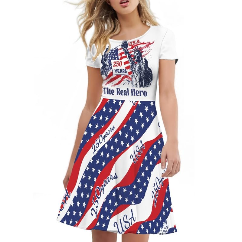 Image of Irisjudy T Shirt Dress for Women Short Sleeve Girls Short Sleeve Dress Plus Size, O Neck Knee Length Midi Dress for Ladies