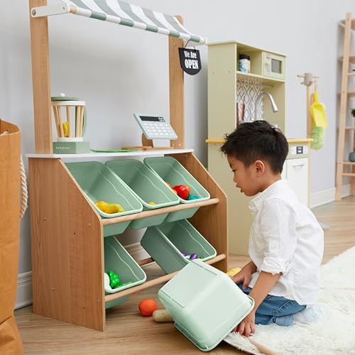 Teamson Kids Little Helper Wooden Farmer's Market Stand with Pretend Cash Register and 6 Plastic Storage Bins, Green, TD-13638A-AMZ - Thumbnail 6