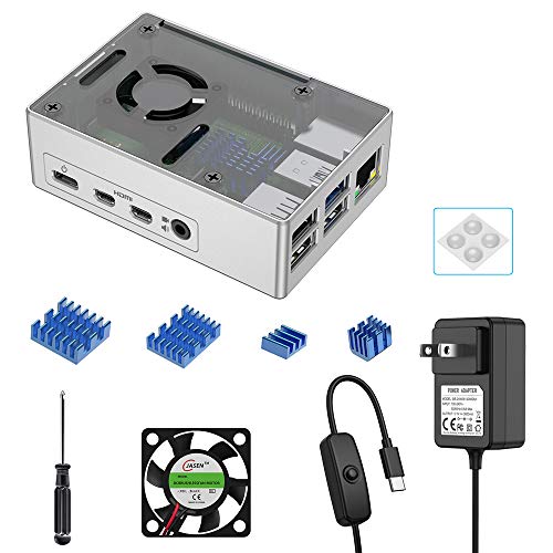 Ingers Raspberry Pi 4 Aluminum Case Kit with Fan,Power Supply with Switch,4 Aluminum Heatsinks,Rubber Feet for Raspberry Pi 4 Model B(Pi 4 Board Not Included)-Silver