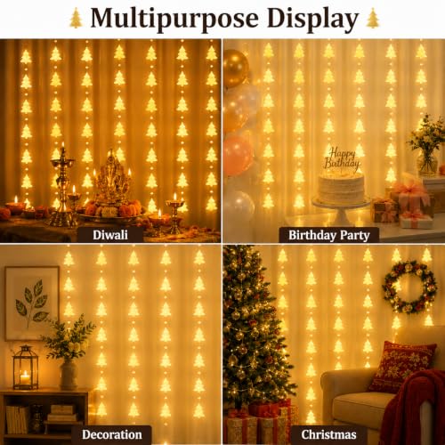 Image of Quace 80 Led Mini Christmas Tree Curtain Light 3x1 Meter with 8 Flashing Modes - Warm White Decorative LED for Home, Party & Festival Decoration