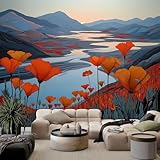 Generico Fotomurale Fotomurali 150 x 105 cm Paesaggio di valle con papaveri e fiume Carta da parati Decorazione da Muro Poster Marrone per Camere da Letto, dei Bambini Carta da Parati
