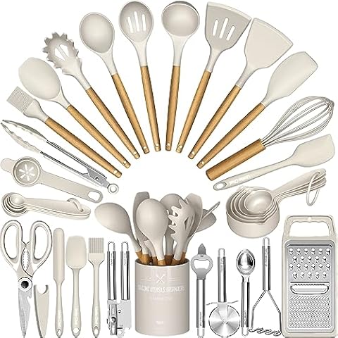 Umite Chef Silicone Kitchen Utensil Set, 34PCS Heat Resistant Kitchen Gadgets and Tools With Grater, Wood Handles for Nonstick Cookware Cover