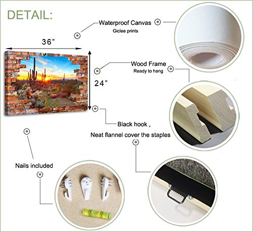 Levvarts Modern Canvas Wall Art Saguaros At Sunset Landscape Poster Canvas Arizona Sonoran Desert Pictures With Brick Wall Background Painting Artwork Vintage Bedroom Apartment Decor Framed #TOP6