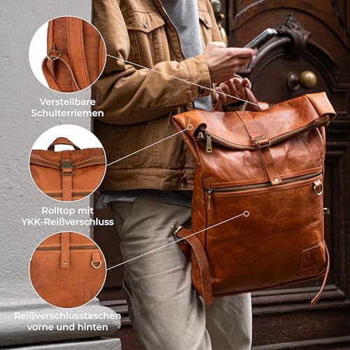 Berliner Bags Vintage Rucksack Utrecht XL aus Leder, Fahrradrucksack mit Laptopfach für Damen und Herren - Braun
