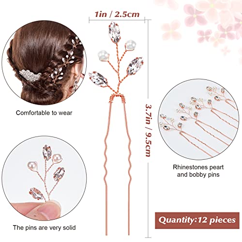 12 Pieces Crystal Bridal Hair Pins Bridal Hair Pins Wedding Pearl Crystal Hair Accessory Vintage Wedding Party Hair Pins For Bride, Flower Girls Bridesmaids (Rose Gold) #TOP1