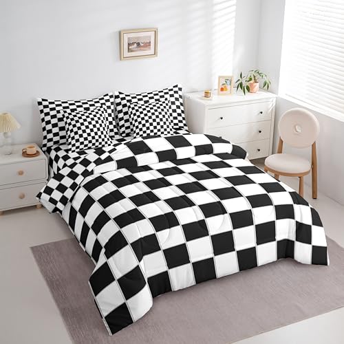Image of Erosebridal 7 Piece Black Grid Full Comforter Set with Sheets Black and White Checkered Bedding Set Reversible Farmhouse Buffalo Plaid Bed in A Bag for Kids Boys Teen Bedroom,Gingham Bed Sets
