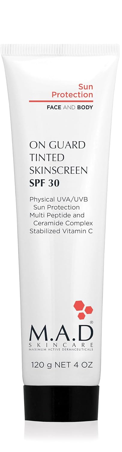 M.A.D Skincare On Guard Tinted Skinscreen SPF 30 – Advanced Sun Protection & Anti-Aging Treatment – Physical Mineral Sunscreen with Hyaluronic Acid & Antioxidants – 4 oz.