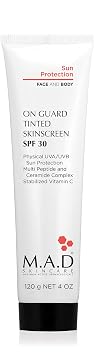 M.A.D Skincare On Guard Tinted Skinscreen SPF 30 Advanced Sun Protection & Anti-Aging Treatment Physical Mineral Sunscreen with Hyaluronic Acid & Antioxidants 4 oz.