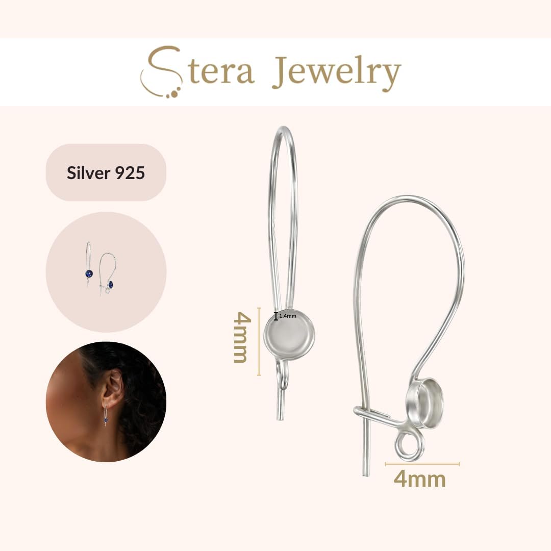 925 Sterling Silver Earring Setting - Earring Making Supplies - 4mm Round Bezel Cups with Kidney Ear Wire - DIY Earrings Projects - Earring Findings for Jewelry Making