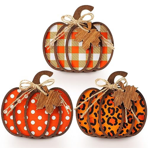 Thyle 3 Pcs Thanksgiving Pumpkin Decor Wood Buffalo Plaid Harvest Thanksgiving Farmhouse Table Centerpieces Rustic Tiered Tray Tabletop Sign for Thanksgiving Holiday Gift