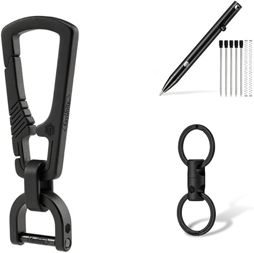 KeyUnity KM16BK Titanium EDC Carabiner Keychain Clip with D Ring, KP00BK Bolt Action Writing Tool & KA15BK Swivel Ring Bundle
