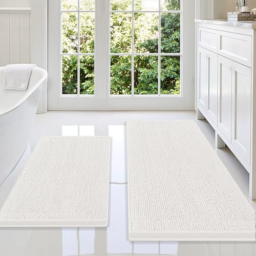 Image of Smiry Bathroom Rugs Sets 2 Piece, Soft Absorbent Chenille Machine Washable Non Slip Shaggy Bath Rug Set for Tub, Shower, and Floor (47x20+30x20, Ivory)
