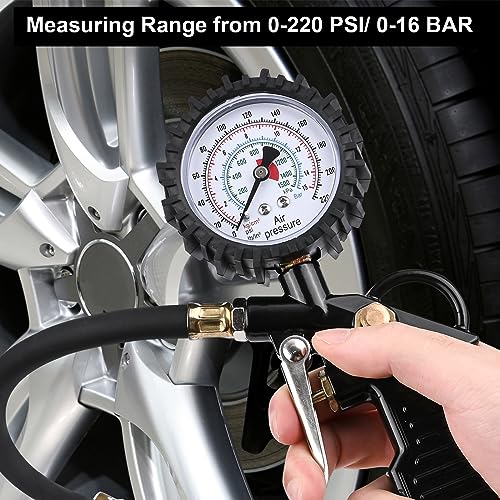 Gaethra Reifendruckprüfer mit Flexiblem Schlauch, Reifenfüller für Auto, Motorrad, Manometer Messbereich: 0-16 BAR/220 PSI