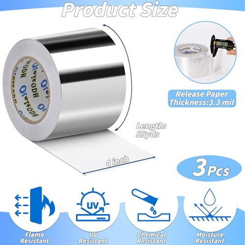 Image of Oleitodh 3 Pack Aluminum Foil Tape Bulk - 4 Inch x 55 Yards - 3.3mil Heavy Duty Metal Duct Tape, Aluminum HVAC Tape for Sealing & Patching, Air Ducts, Insulation Metal Repair, Professional Grade