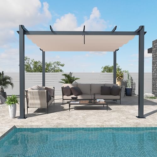 MUPATER 10' X 10' Outdoor Pergola, Aluminum Canopy Patio with Weather-Resistant, Retractable Pergola for Backyard Deck Garden, Cream White