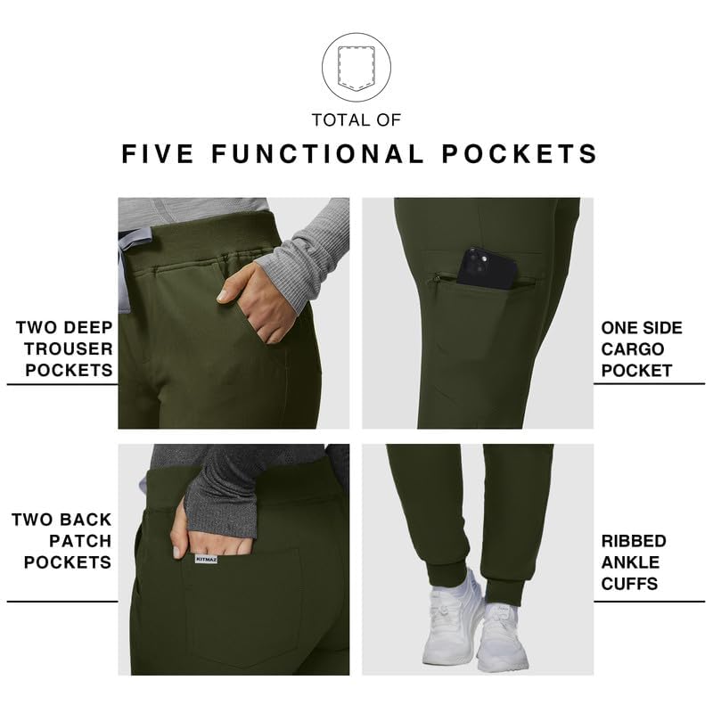 Image of Kitmaz Scrub Pants for Women - Mid Rise 4-Way Stretch Anti-Wrinkle Slim Fit Jogger Pants, Drawstring & 5 Pockets
