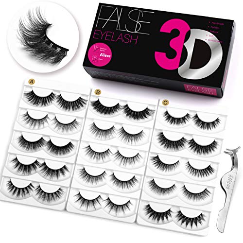 Eliace False Eyelashes 3D Mink Lashes 15 Styles 15 Pairs Strip Eyelashes Pack,Eye Lashes Natural Look 3D False Lashes Fluffy Volume Full Wispy Light Fake Eyelashes Soft Reusable-With Eyelash Tweezers