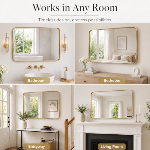 Image of 30 inchx40 inch Rounded Corners Gold Bathroom Mirror - Metal Framed with HD Shatter-Proof Glass, Wall-Mounted for Over Sink, Entryway, Living Room, Bedroom
