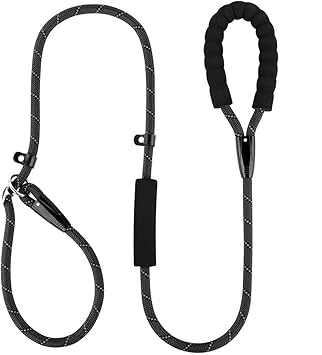 Reflective Dog Leash, WapaW Anti-Choking with Traffic Padded 2 Handles, Reflective Strong Sturdy Heavy Duty Rope Lead, 5.2FT/160cm Dog Training Lead for Medium Large Dogs (Black)