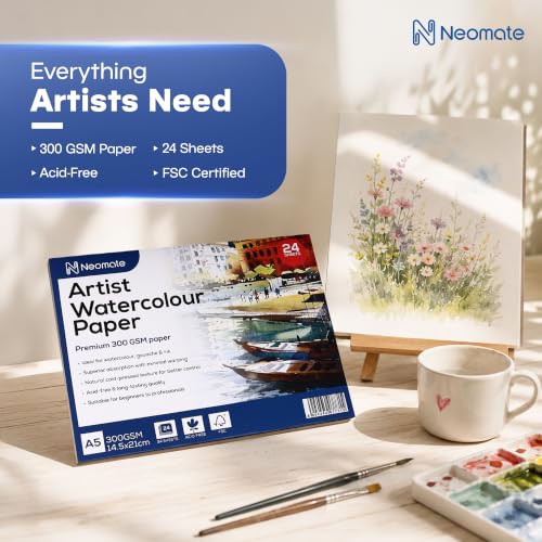 Image of Neomate Artists Watercolour Paper | 300 GSM, Size A5, Cold Pressed | Pack of 24 Sheets | Ideal for Artist, Professional Drawing, Painting Dry & Wet, Fine Arts Students