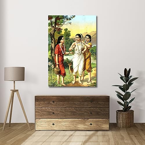 Image of Sikhash Raja Ravi Varma Canvas Paintings Classic Art, Indian Art, Famous Artist, Wall Painting for Living Room, Bedroom, Office, Unframed, Multicolor Fabric Size - 23x15 inches (58x38 cms, Shakuntala and Sakhis)