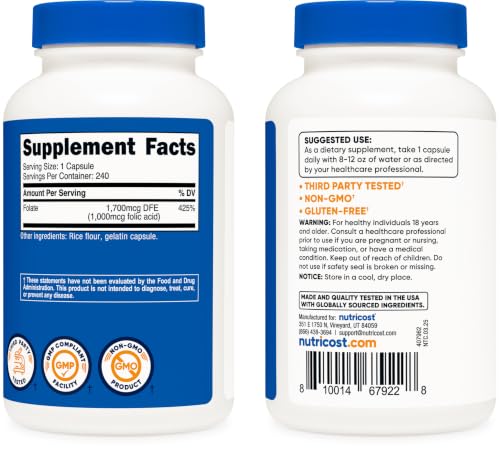 Image of Nutricost Folic Acid (Vitamin B9) 1000 mcg, 240 Capsules