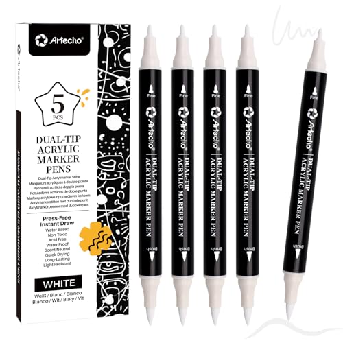 Artecho Dual Tip Acrylic Paint Pen White 5pcs set-Fine Tip and Brush Tip