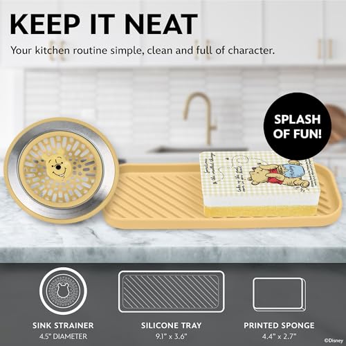 Image of Disney Winnie the Pooh Sink Drain Strainer, Dish Sponge & Silicone Tray Set