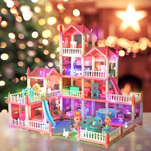 Image of Dollhouse with 4-Story 11 Rooms, Dream Gift Princess Doll House Playset with Furniture Pool Slide, Pink Toddler Toy House for 3 4 5 6 7 8 9 10 Year Old Girls
