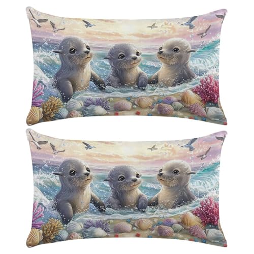 Set of 2 Rectangle Waterproof Cushion Covers, 12x20 inch Cute Beaver Outdoor Throw Pillow Covers Linen Lumbar Cushions Home Decorative Pillowcase for Sofa, Couch, Bedroom, Living Room, Garden C-907
