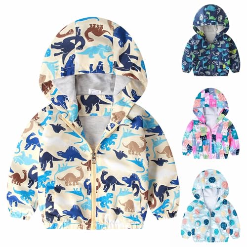 Toddler Boys Girls Dinosaur Hooded Jacket Outdoor Fall Waterproof Lightweight Fleece Lined Windproof Packable Clothes