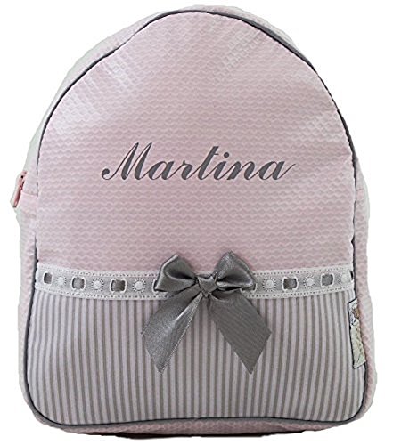 Der Rucksack, der Schulrazen, der Schultasche oder Kindergartentasche mit der Name personalisiert. Der Modell: Noa. Verfügbar in mehrere Farbene (Rosa/Grau)