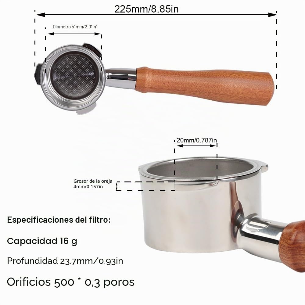CAPFEI Portafiltro sin fondo de 51 mm para Casabrews CM5418/Cecotec Power Espresso 20 con 3 orejas de 4 mm de grosor y mango de madera