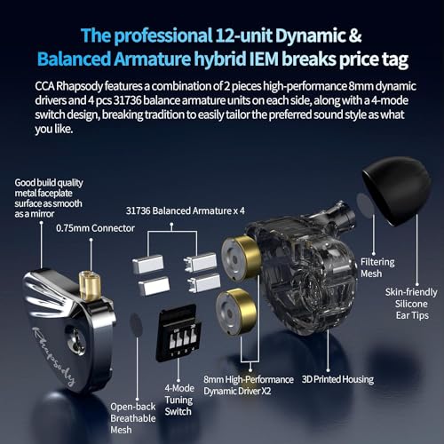 Image of CCA Rhapsody in Ear Monitors Headphones, 2DD+4BA Hybrid Driver HiFi IEMs Earphones with 4 Tuning Switches HiFi Bass Noise Isolation Wired Earbuds in-Ears for Singer Musician Audio Engineer Audiophile
