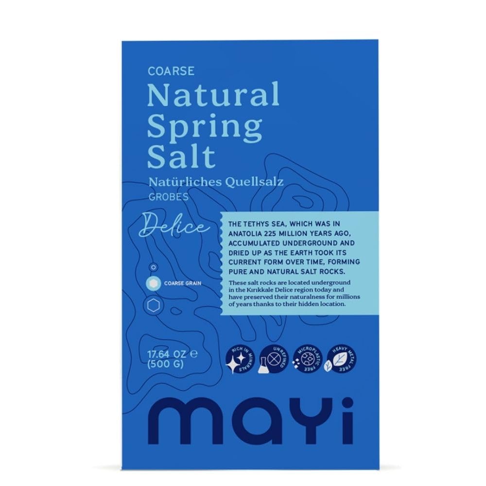 MAYİ Ancient Natural Spring Coarse Salt 1.1 lb - Hand-Harvested, Kosher, Microplastic-Free, Mineral-Rich, Diamond Crystal, Unrefined Salt for Electrolyte Drinks, Cooking, Canning, Low Sodium