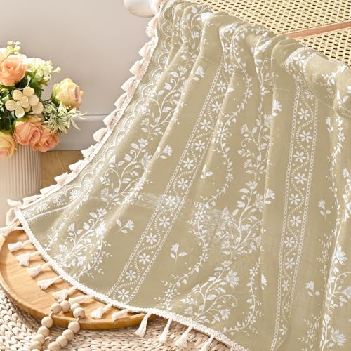 Image of Yinhua 2 Pack Boho Valance Curtains Vintage Linen Natural Kitchen Valances for Windows Light Filtering Bohemian Valance Rod Pocket Farmhouse Tassel Window Valances for Bathroom Cafe, 52 inch W X 18 inch L