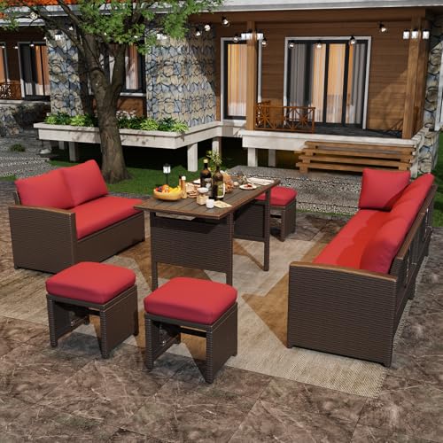 Image of U-MAX 7 Pieces Patio Furniture Set, Outdoor Sectional Sofa Conversation Set, All Weather Wicker Rattan Dining Table & Chair with Ottoman, Brown Rattan&Red Cushion