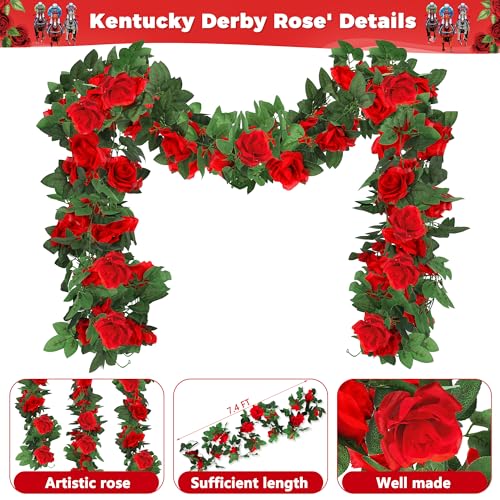 Kentucky Derby Decorations, 14.8FT Roses Kentucky Derby Party Supplies Fake Flowers Plants, Kentucky Derby Roses Artificial Flower Hanging Rose Home Party Garden Craft Art Photo Backdrop Decorations